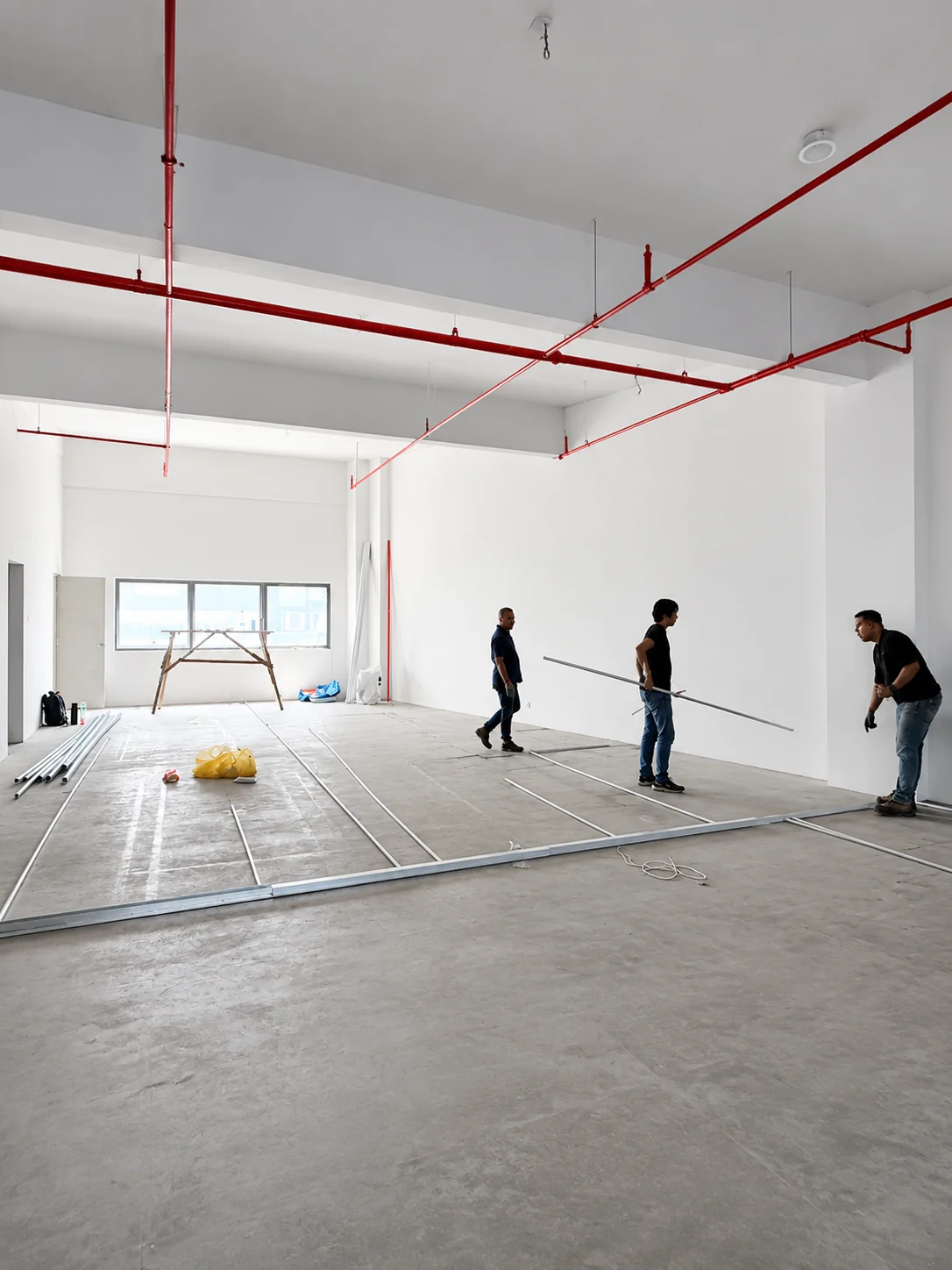 Empty laboratory room during early site assessment before furniture installation.