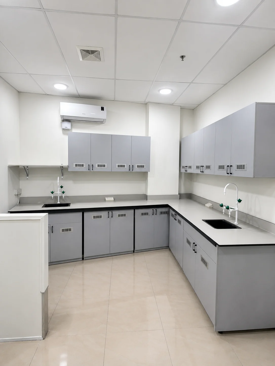 Integrated laboratory storage systems inside a modern research workspace.